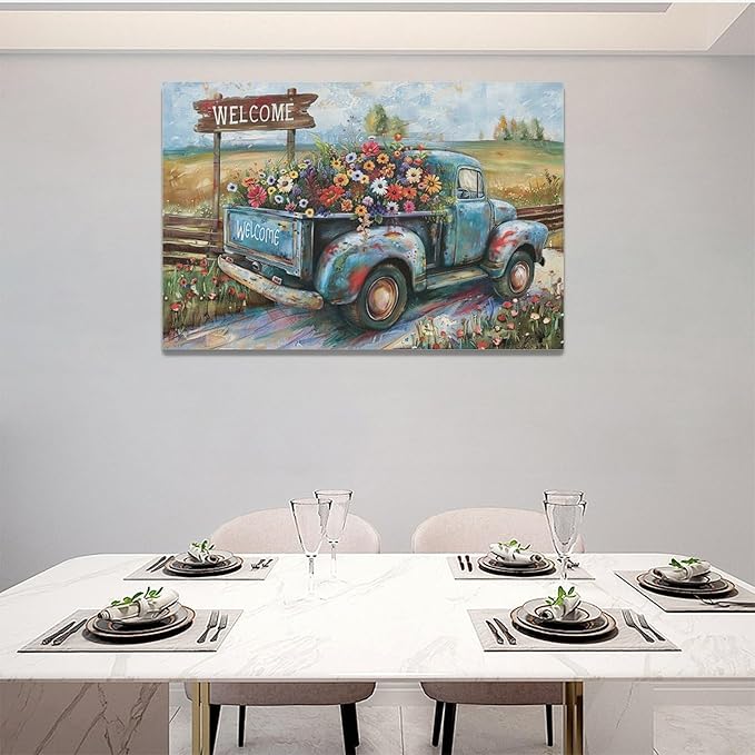 Farmhouse Truck Wall Art Rustic Country Wildflowers Wall Decor Road Flowers Landscape Pictures Canvas Print Painting Artwork for Bathroom Living Room Bedroom 16"x24"-PurrikoPets