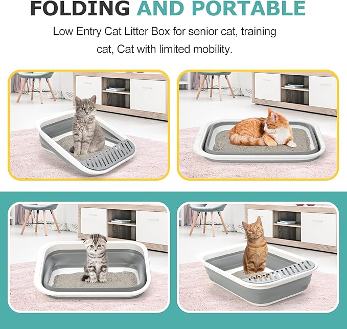 Foldable Cat Litter Box, Large Height-Adjustable Anti-Splash Open Air Kitty Litter Pan, Easy Clean with Scoop (Gray)-PurrikoPets