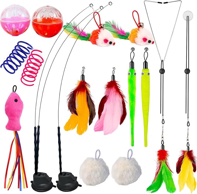 22Pcs 5-in-1 Cat Toys Interactive Cat Toy for Indoor Cats with Sticky Super Suction Cup Detachable Replacements Feathers Balls Mice Spring 3 Wand Hanging Door Kitten Toys-PurrikoPets