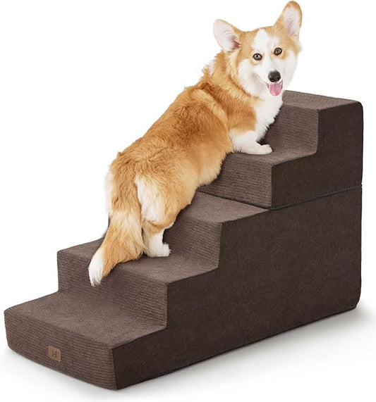 Dog Stairs for High Bed, Dog Steps for Bed Couch Sofa, 35D Foam Pet Steps for Small Dogs and Cats, Extra Wide Pet Stairs with Non-Slip Bottom Brown, 5 Steps-PurrikoPets