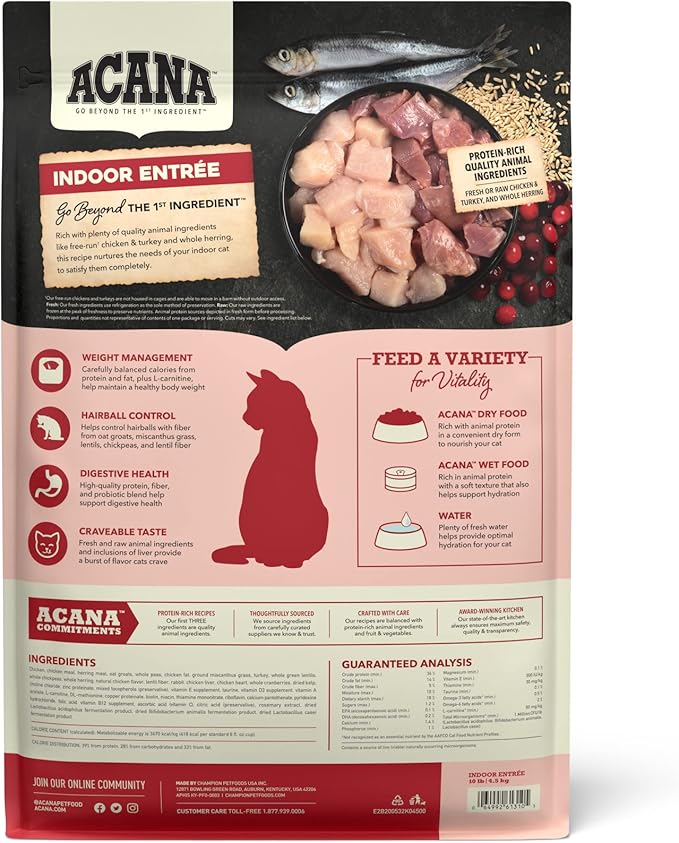 ACANA Dry Cat Food for Indoor Cats Indoor Entrée Chicken Turkey Whole Herring and Rabbit 10lb Bag-PurrikoPets