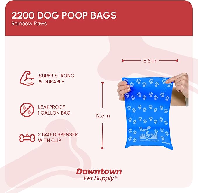 Downtown Pet Supply Rainbow Paw Print Poop Bags (2200 CT & 2 Dispensers) - Leak-Proof, Unscented, Clips to Leashes & Harnesses-PurrikoPets