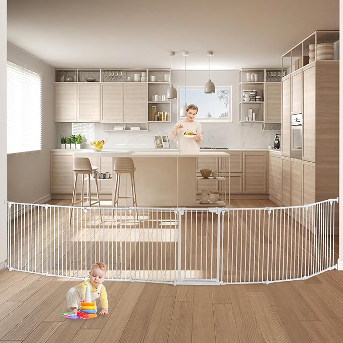 Extra Wide Baby Gate, 30" Tall 189" Wide Configurable Baby Gate Fireplace Safety Fence, Metal Pet Safety Playpen for Toddler/Pet/Dog Christmas Tree Fence (Whtie, 8-Panel)-PurrikoPets