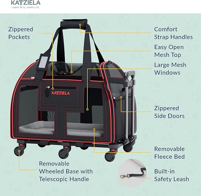 Airline Compliant Pet Carrier - Rolling Portable Travel Carry Crate for Small Dog Puppy or Cat - Soft Removable Wheeled Design with Mesh Window Sides - Airplane and TSA Compliant- by Katziela-PurrikoPets