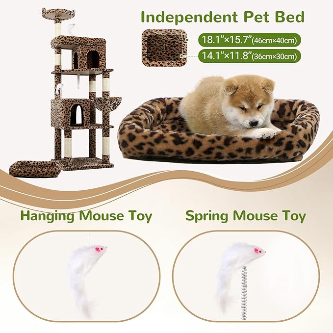 Globlazer Heavy Duty Cat Trees for Large Cats, Sturdy 72in Maine Coon Cat Tree for Large Cat 20 lbs+ Heavy Duty Cat Tower for Adult Biggest Cats with 6 Scratching Posts, Hammock, S72, Leopard Print-PurrikoPets