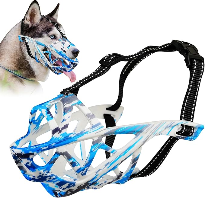 Dog Muzzle for Large Dogs, Breathable Basket Muzzles for Small, Medium and X-Large Aggressive Dog, Allows Panting Drinking, Suitable for Grooming Trimming Training (Camouflage Blue, S)-PurrikoPets