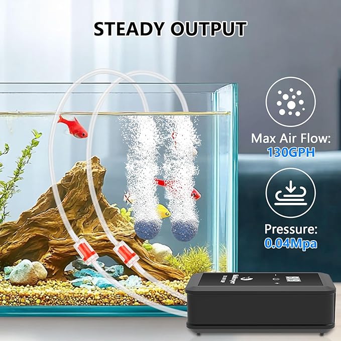 fishkeeper Aquarium Air Pump, 8W 130GPH Dual Outlet Fish Tank Air Pump with Adjustable Airflow Ultra-Quiet Oxygen Aerator Pump with Air Stone Bubbler for 10-120 Gallon Fish Tank-PurrikoPets