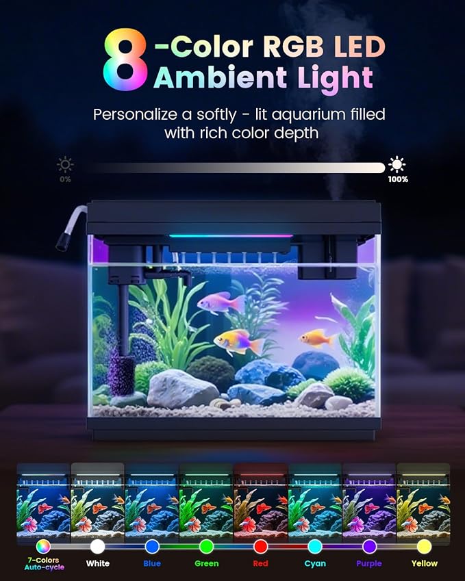 Fishkeeper 2.3G Smart Aquarium - Ultra Clear Glass Fish Tank w/Auto Timer 8-Color RGB Lights, 4-in-1 Self-Cleaning Silent Water Pump, Aromatherapy, Temperature Display, Perfect for Desktop Decor-PurrikoPets