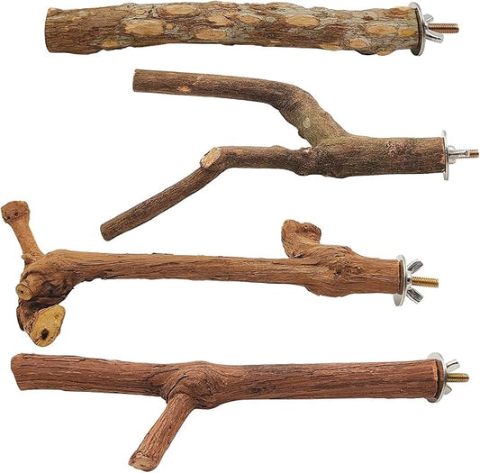 4 Pcs Natural Wooden Bird Perch Parrot Stand, 2 Grape Wood Perches, A Stand Fork Standing Branch, A Paw Grinding Fork, Bird Cage Accessories for Parakeets, Birdcage Sticks & Toys for Budgies, Finches-PurrikoPets