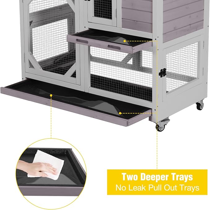Aivituvin Rabbit Cage Indoor Outdoor Bunny Hutch on Wheels, 2 Story Wood Guinea Pig Cages with 2 Deeper Pull Out Trays (Gray)-PurrikoPets