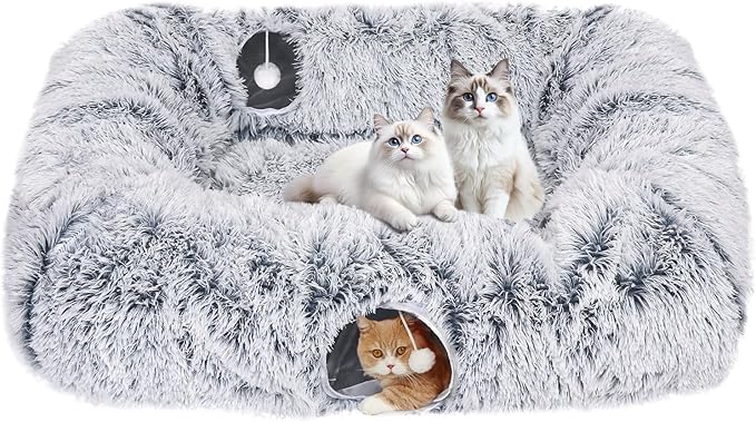 Extra Large Cat Tunnel Bed, 4 Ways Tunnels for Indoor Cats, Multi-cat Family Peekaboo Cave & Cat Bed, Plush Cat Donut with Washable Middle Mat, Exit Balls, Pet Play Toy for Kitten Puppy Rabbit-PurrikoPets