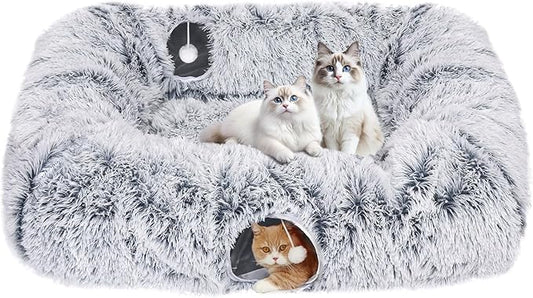 Extra Large Cat Tunnel Bed, 4 Ways Tunnels for Indoor Cats, Multi-cat Family Peekaboo Cave & Cat Bed, Plush Cat Donut with Washable Middle Mat, Exit Balls, Pet Play Toy for Kitten Puppy Rabbit-PurrikoPets