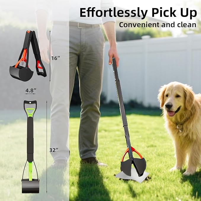 2 Pack 32 Inch Foldable Dog Pooper Scooper,Dog Poop Pick Up Tool for Large&Small Dogs,Sturdy & Light Weight,Easy to Carry and Clean-PurrikoPets