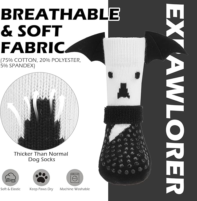 EXPAWLORER Halloween Anti Slip Dog Socks to Prevent Licking Paws, Boots & Paw Protectors with Grippers,Doggie Booties for Hardwood Floors for Small Medium Large Senior Dogs Costume White Ghost Wings M-PurrikoPets
