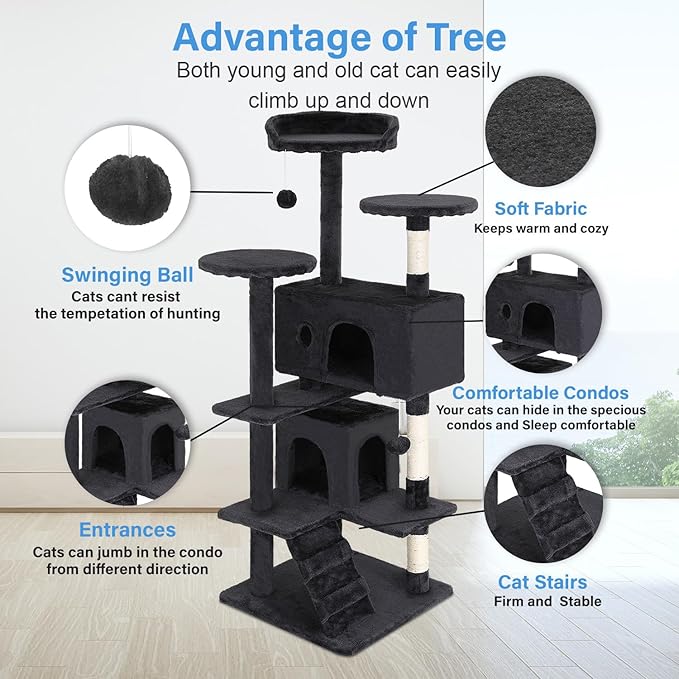 FDW Cat Tree 54in Cat Tower Multi-Level Durable Cat Scratching Post & Cozy Fun Cat Jumping Platform Space Saving Cat Condo Pet Play House for Indoor Cats,Dark Gray-PurrikoPets