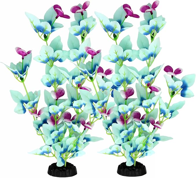16 Inch Aquarium Fish Tank Plant Betta Fish Tank Decor,2 Pack Silk Aquarium Plants for Aquarium Decoration (White-Blue)-PurrikoPets