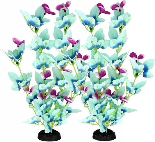 16 Inch Aquarium Fish Tank Plant Betta Fish Tank Decor,2 Pack Silk Aquarium Plants for Aquarium Decoration (White-Blue)-PurrikoPets