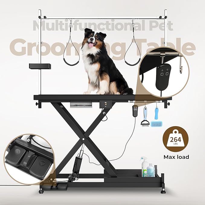 Electric Pet Grooming Table for Large Dogs - Professional Heavy Duty Height Adjustable Pet Grooming Station with Anti Slip Tabletop, Two Nooses & Tool Organizer, Maximum Capacity Up to 250 lbs Black-PurrikoPets
