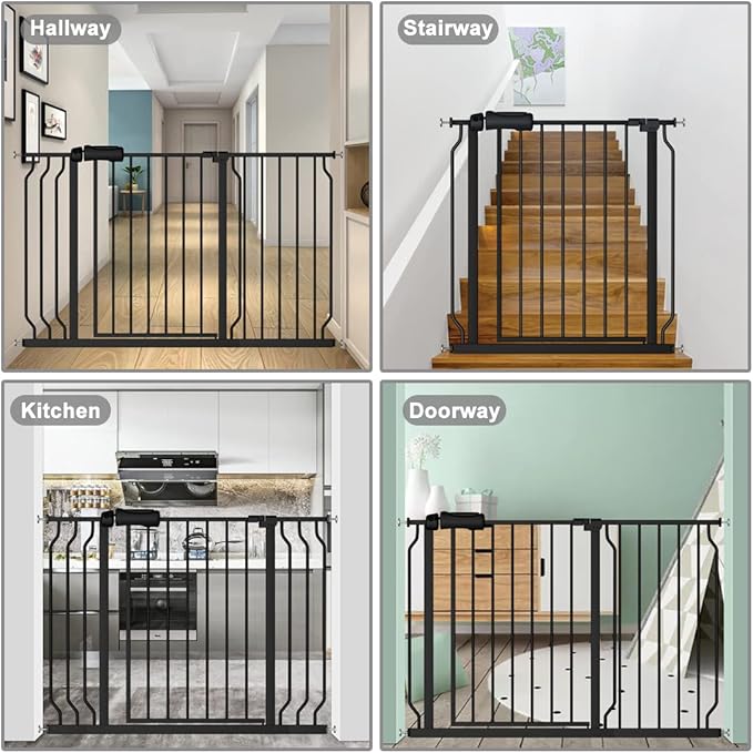 Fairy Baby Walk Through Black Baby Gate 29-34 Inch Wide, Pressure Mounted Safety Gate with Door No Drill, Tension Metal Gate for Dog and Toddler-PurrikoPets