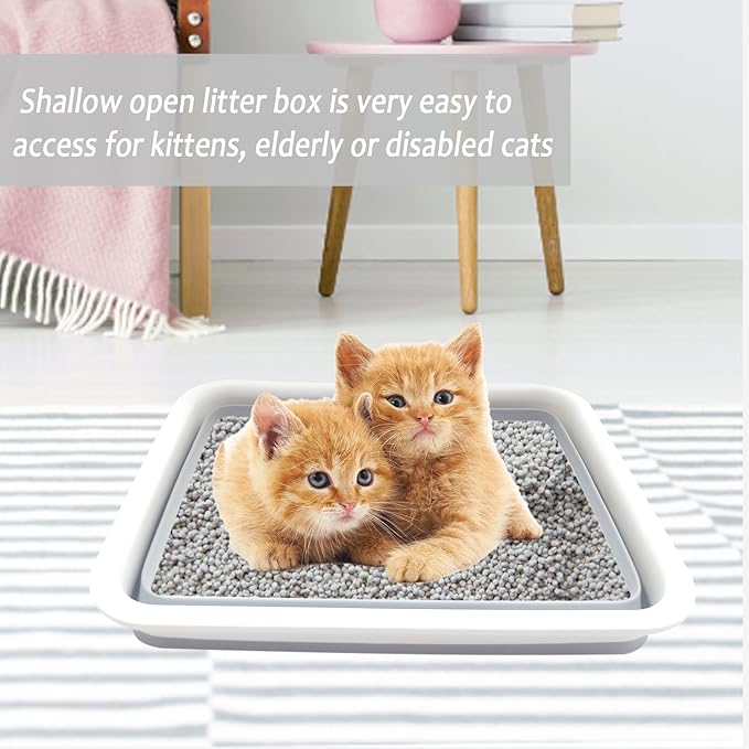 2 Pack Collapsible Small Cat Litter Box, Open Kitten Litter Potty Pan Low Entry Pet Kitty Toilet Foldable Waterproof Travel Toilet for Sick Frail Kitty 14.6 x 10.6 x 4.8 inches Grey-PurrikoPets