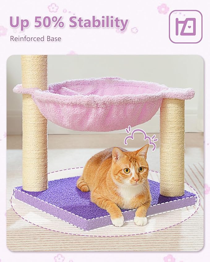 Flower Cat Scratching Post, 28" Cute Cat Tree Tower for Indoor Cats with Large Hammock Soft Perch Bed, Replaceable Toy Ball for Kittens, Purple-PurrikoPets
