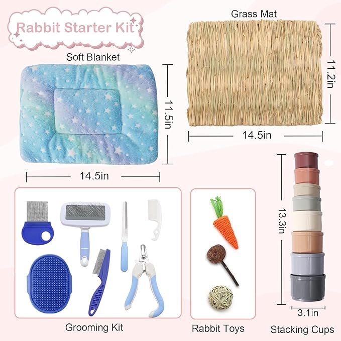 25 Pcs Large Rabbit Starter Kit, Bunny Litter Box with Drawer Animal Grooming Kit Stacking Cups Bowl Blankets Mat with Cleaning Set for Adult Guinea Pig, Ferret, Hamster, Bunnies Accessories (Blue)-PurrikoPets