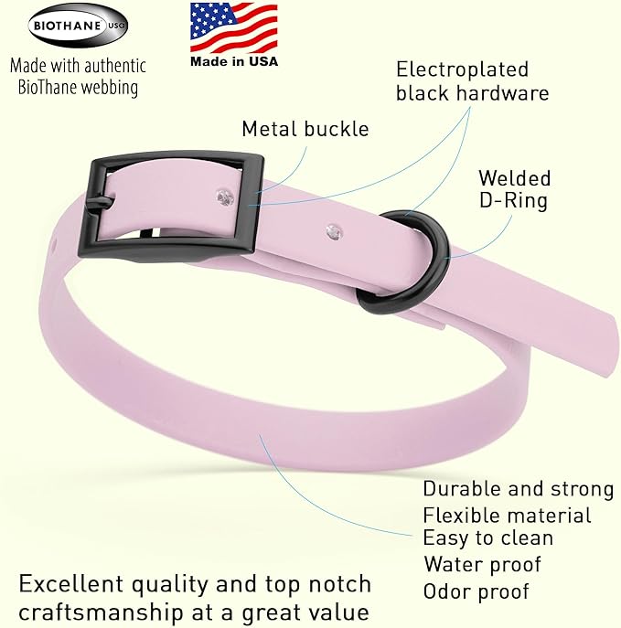 Dogline Biothane Waterproof Dog Collar Strong Coated Nylon Webbing with Black Hardware Odor- Proof for Easy Care Easy to Clean High Performance Fits Small Medium or Large Dogs, Pastel Purple-PurrikoPets