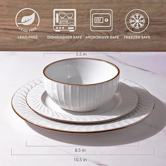 GBHOME Ceramic Dinnerware Sets,12 pcs Embossed Elegant Stoneware Plates and Bowls Sets, Housewarming Wedding Gift | Dishwasher & Microwave Safe | Dishes Set Service for 4-PurrikoPets