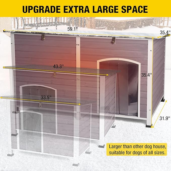 Aivituvin Large Dog House with Insulated Liner for Outdoor, Waterproof Outsides Heated Dog Kennel for Small Medium Large Dog with All-Around Iron Frame-PurrikoPets