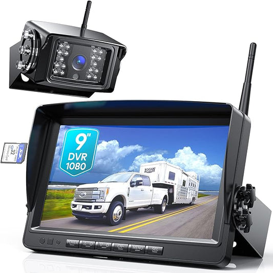 Fookoo HD 1080P 9" Wireless Backup Camera System, 9-inch Dual/Quad Split Monitor w/Recording, Supports 4 Cameras, IP69 Waterproof Rear View Cam Parking Lines 32GB SD Card for RV/Trailer/Truck(DW901)-PurrikoPets