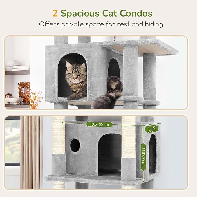 Globlazer Large Cat Tree Tower, Tall Cat Tree Condos for Indoor Cats Large Adult Cat Climbing Tower with 2 Spacious Caves, Oversized Top Perch, Big Hanging Basket, Cat Teaser Wand, F74B, Light Grey-PurrikoPets