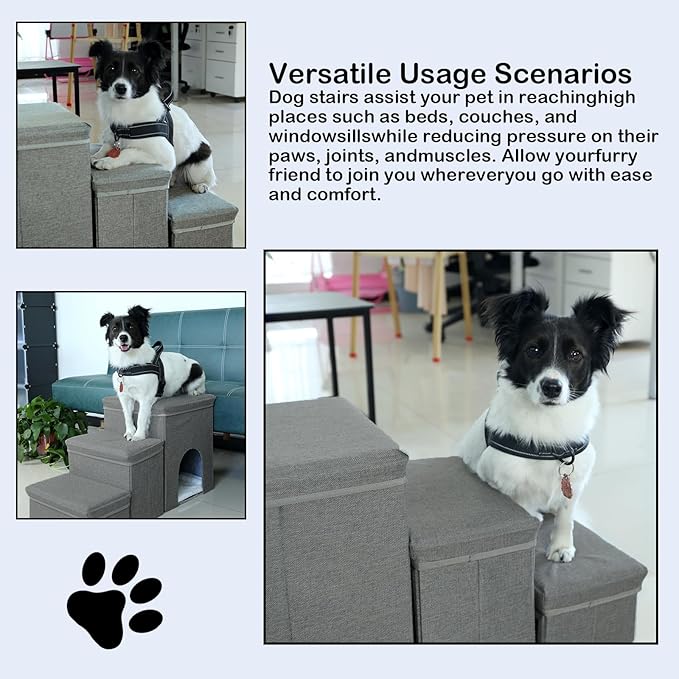 Dog Stairs with Storage Dog Steps for High Beds 3-Step Pet Stairs Ramp with Storage Box and Condo for Small Dogs Cats Pets-PurrikoPets