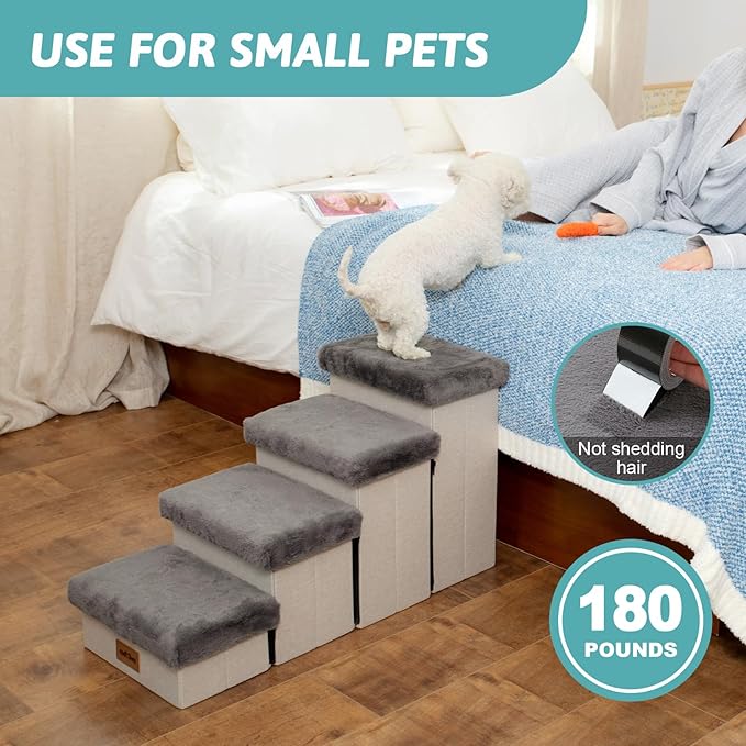 Dog Stair for Small Dogs with Storage, Foldable Pet Step with Soft Cover, Older Cat Ramp for Chair Couch Sofa, Lightweight, Durable, Comfort, 33x13x17.7 inch, 4 Tiers Grey-PurrikoPets