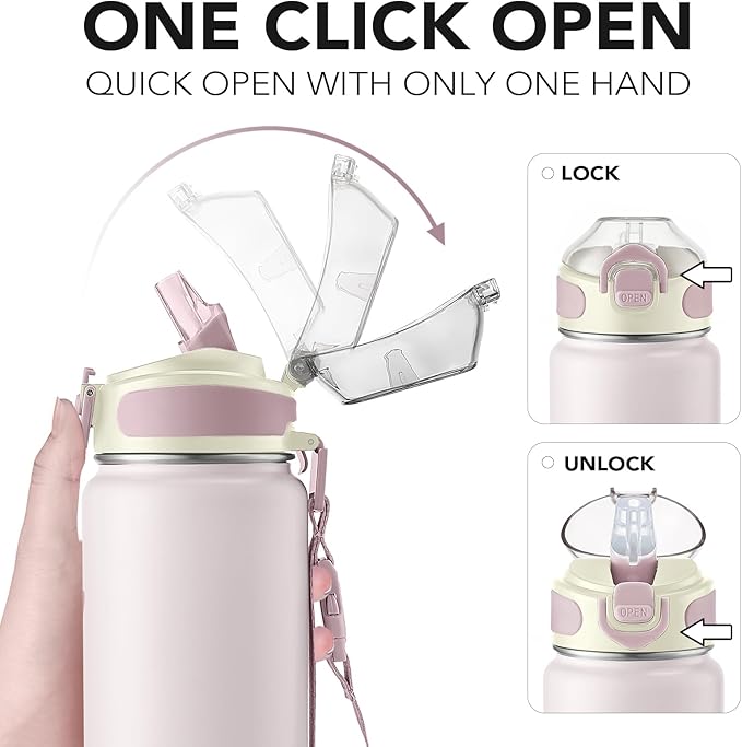 Enerbone 32 oz Insulated Water Bottle, Stainless Steel Bottle with Carrying Strap, Double-Wall Vacuum Insulation Design, Leakproof Sports Bottle with Straw, Keep Drinks Cold or Hot for Hours-PurrikoPets