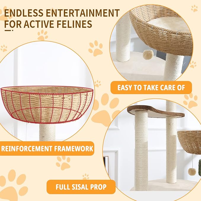 52" Modern Cat Tree Tower for Large Cats, 3Cat Nests Manual Hand Woven Multilevel Huge Paws Pals Cat Tree, Wood Cat Tower, Cat Scratching Tree, Cat Condo, Cat Lover Gift-PurrikoPets