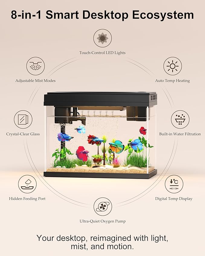 Fish Tank with Desktop Humidifier, 2.38 Gallon Quiet Eco Aquarium,Smart Touch LED Light & Temperature Display, Glass Mini Fish Tank-PurrikoPets