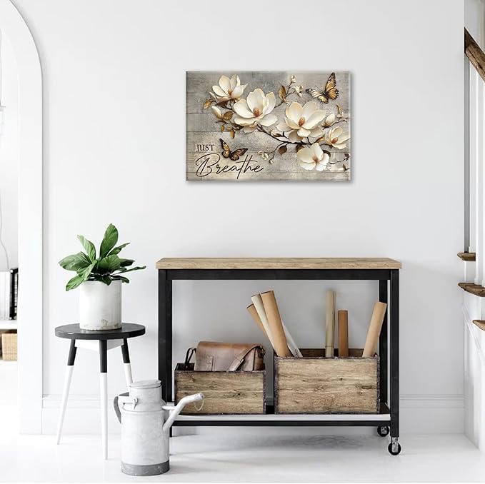 Floral Magnolia Bathroom Pictures Wall Art, Just Breathe Bathroom Wall Decor, Flower Butterfly Framed Painting Canvas Artwork for Bedroom Living Room Decorations 24"L x 16"W-PurrikoPets