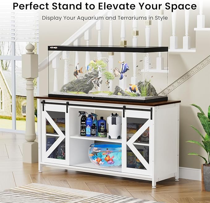 55-75 Gallon Aquarium Stand Heavy Duty Steel Frame, Fish Tank Cabinet with Accessories Storage for Reptile Terrarium & Turtle Tank - 1000lbs Capacity (White)-PurrikoPets