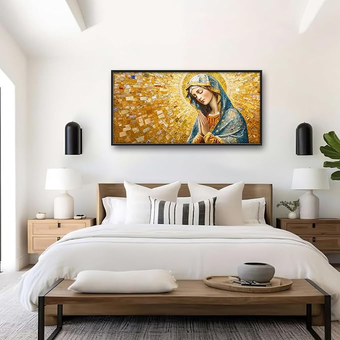Extra Large Virgin Mary Framed Wall Art for Living Room,Oversized Golden Christian Religious Pictures Wall Decor,Canvas Print Painting Modern Artwork Bedroom Office Bathroom 60L" x 30W"-PurrikoPets