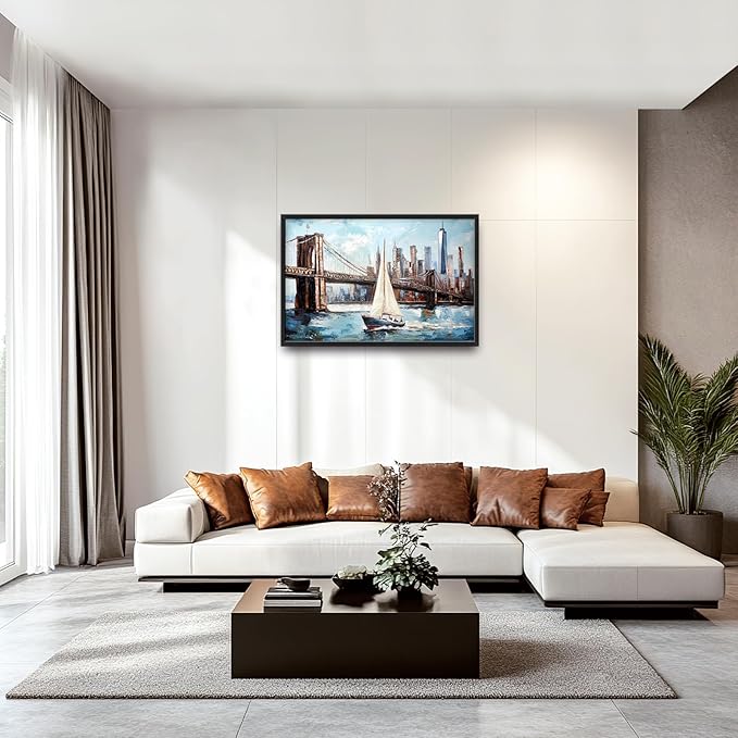 Extra Large Sailboat Framed Wall Art for Living Room,Oversized New York Brooklyn Bridge Pictures Wall Decor,Cityscape Canvas Print Painting Modern Artwork Bedroom Office Bathroom 36L" x 24W"-PurrikoPets