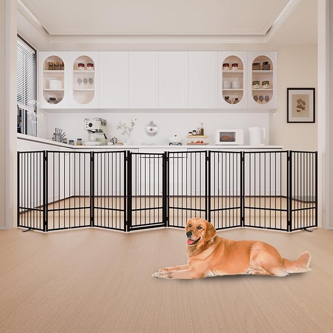 Full Metal Freestanding Dog Gate with Door, 36''Height Foldable Pet Dog Fence for Indoor & Outdoor, 8 Panels Extra Wide Free Standing TallDog Gates for Doorways,House,Stairs,Porch,Deck,Yard-PurrikoPets