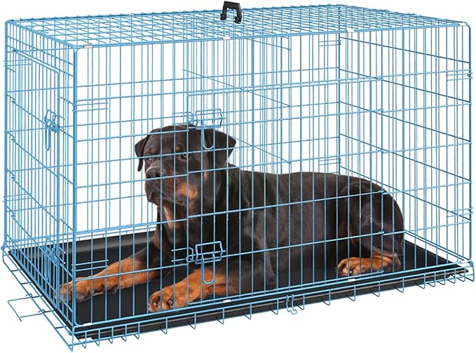FDW Dog Crate for Large Dogs 42 Inch Folding Metal WirePet Cage Double Door W/Divider Panel Indoor Outdoor Kennel Leak-Proof Plastic Tray,Blue-PurrikoPets