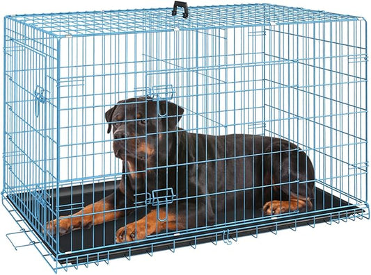 FDW Dog Crate for Large Dogs 42 Inch Folding Metal WirePet Cage Double Door W/Divider Panel Indoor Outdoor Kennel Leak-Proof Plastic Tray,Blue-PurrikoPets