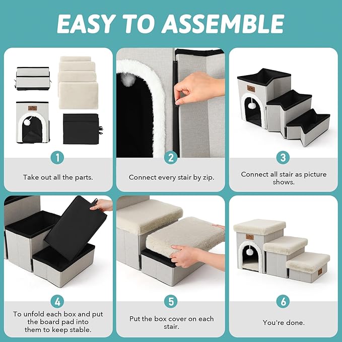 Dog Stairs for Small Dogs with Storage and Condo, 14" H Foldable Pet Stairs for Small Medium or Puppy Dogs and Older Cats, Dog Steps for Bed or Couch, 13x27x14 inch, 3 Tiers, Beige-PurrikoPets