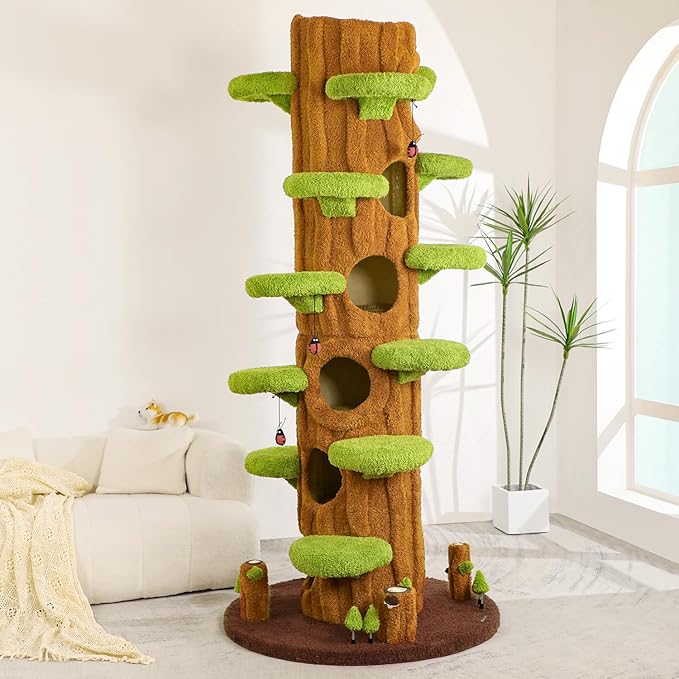 90.5'' Luxury Cat Tree for Indoor Cats, All-in-One Tall Cat Tower with Scratching Post, Multi-Level House, Wood Condo for Multi-Cat Families (Green)-PurrikoPets