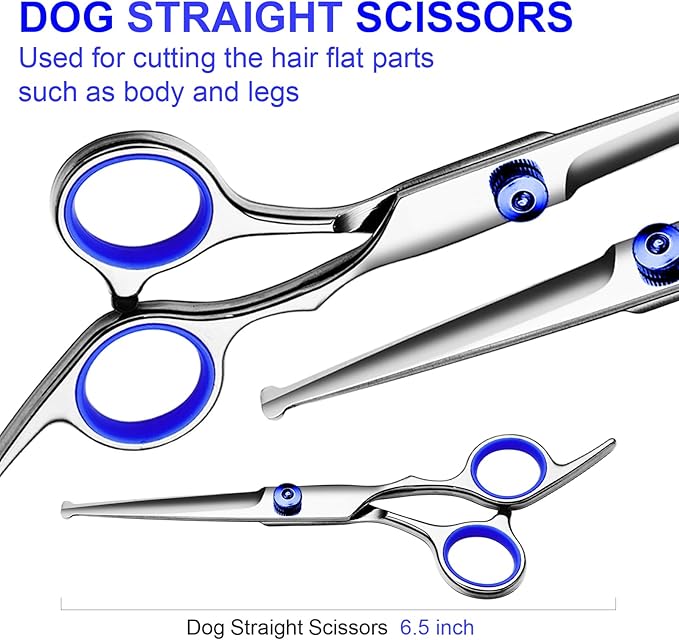Professional Dog Grooming Scissors Kit, Titanium Coated Dog Scissors for Grooming, Grooming Shears Kit - Straight,Thinning, Curved Scissors and Comb for Dog Cat Pet (Blue 5 in 1)-PurrikoPets