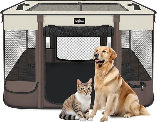 Foldable Pet Kitten Playpen, Upgrade Waterproof Portable Cat Dog Playpen Kennel Tent for Small Dog Cat, Removable Shade Cover, Come with Free Carrying Case, Indoor Outdoor Use for Small Pet, Brown-PurrikoPets