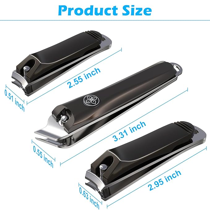 GLAMFIELDS 3pcs Nail Clippers Set, Black Stainless Steel Slanted Edge Nail Clipper & Fingernail & Thick Toenail Trimmer for Men and Women-PurrikoPets