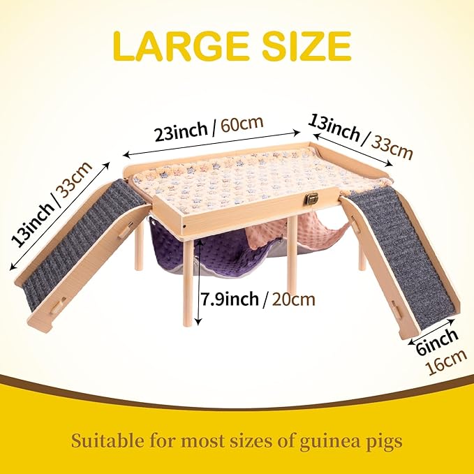 Enlarged Guinea Pig Hammock with Platform and Stairs,Wooden Foldable Piggies Hideout for Guinea Pigs Bunny Ferret Hamster Hiding Sleeping Activities 24L x 12W x 11H in（Double）-PurrikoPets