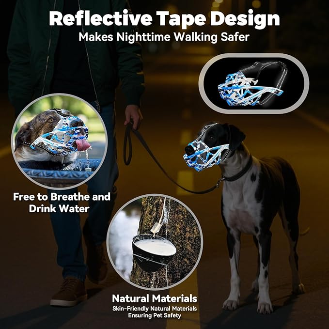 Dog Muzzle for Large Dogs, Medium and X-Large Aggressive Dog, Breathable Basket Muzzles, Suitable for Grooming Trimming Training, Allows Panting Drinking (Camouflage Blue, M)-PurrikoPets